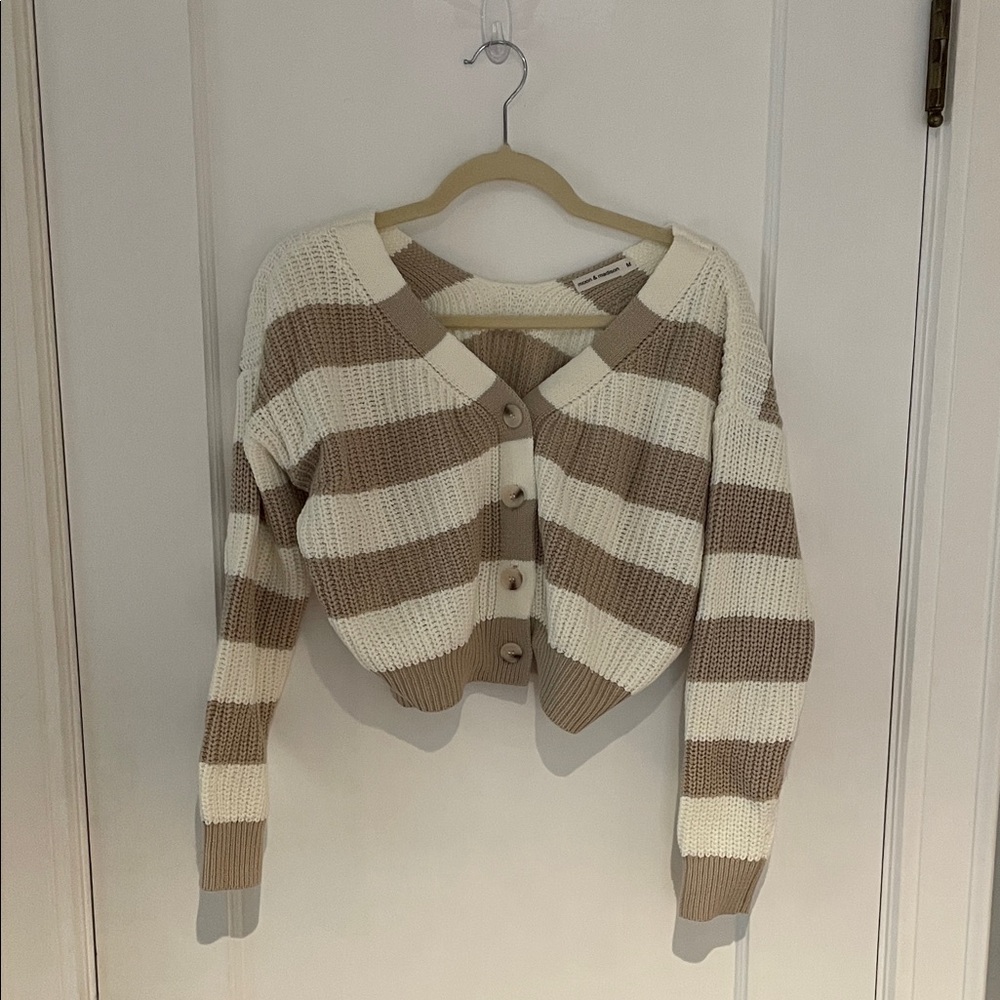 moon & madison Cream and Brown Cropped Off the Shoulder Striped Cardigan